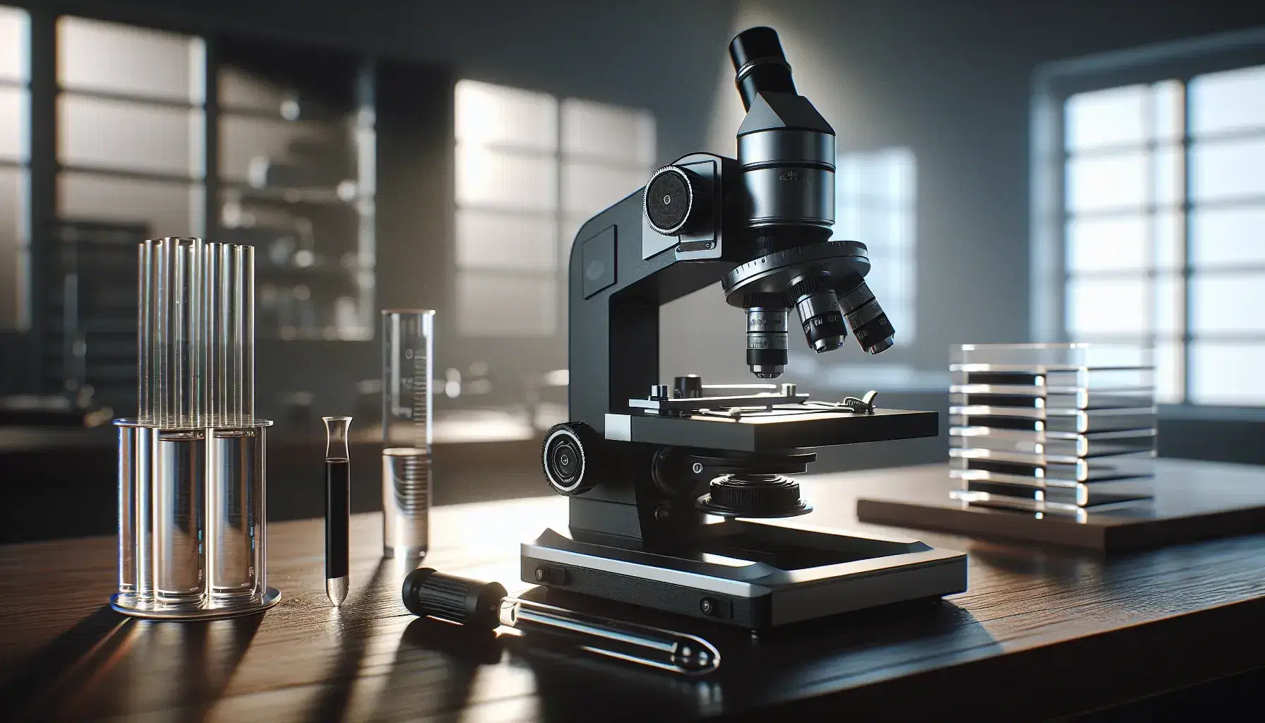 Microscopio ottico nero e argento su tavolo in legno scuro con vetrini e pipetta da laboratorio, ambiente sfocato con illuminazione naturale.