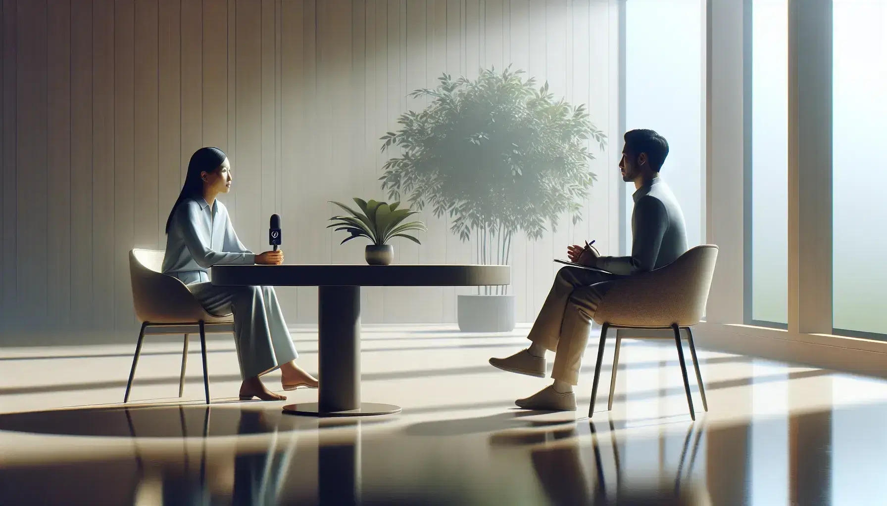 Two people sitting at a round table in a bright, modern room, conversing with a digital recorder and a notepad on the table.
