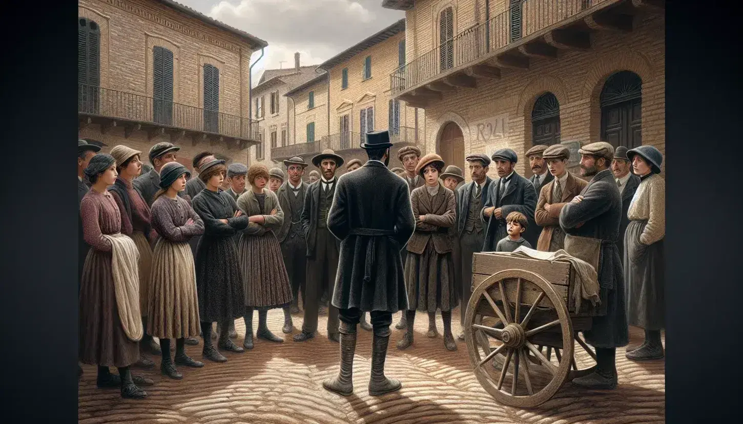 Gruppo di persone in abiti d'epoca ascolta uomo in cappello e soprabito in piazza italiana, con architettura del primo Novecento.