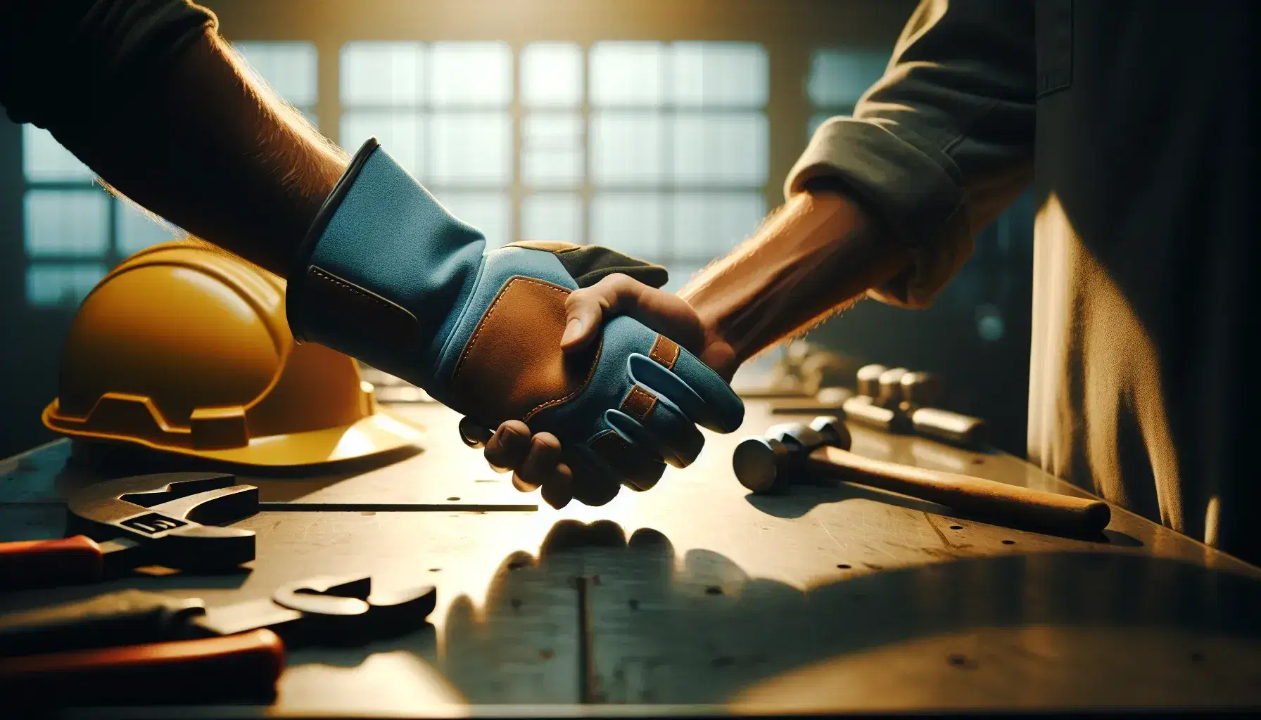 Apretón de manos entre una persona con guante de seguridad azul y otra sin guante, simbolizando acuerdo en entorno industrial con cascos y herramientas de fondo.