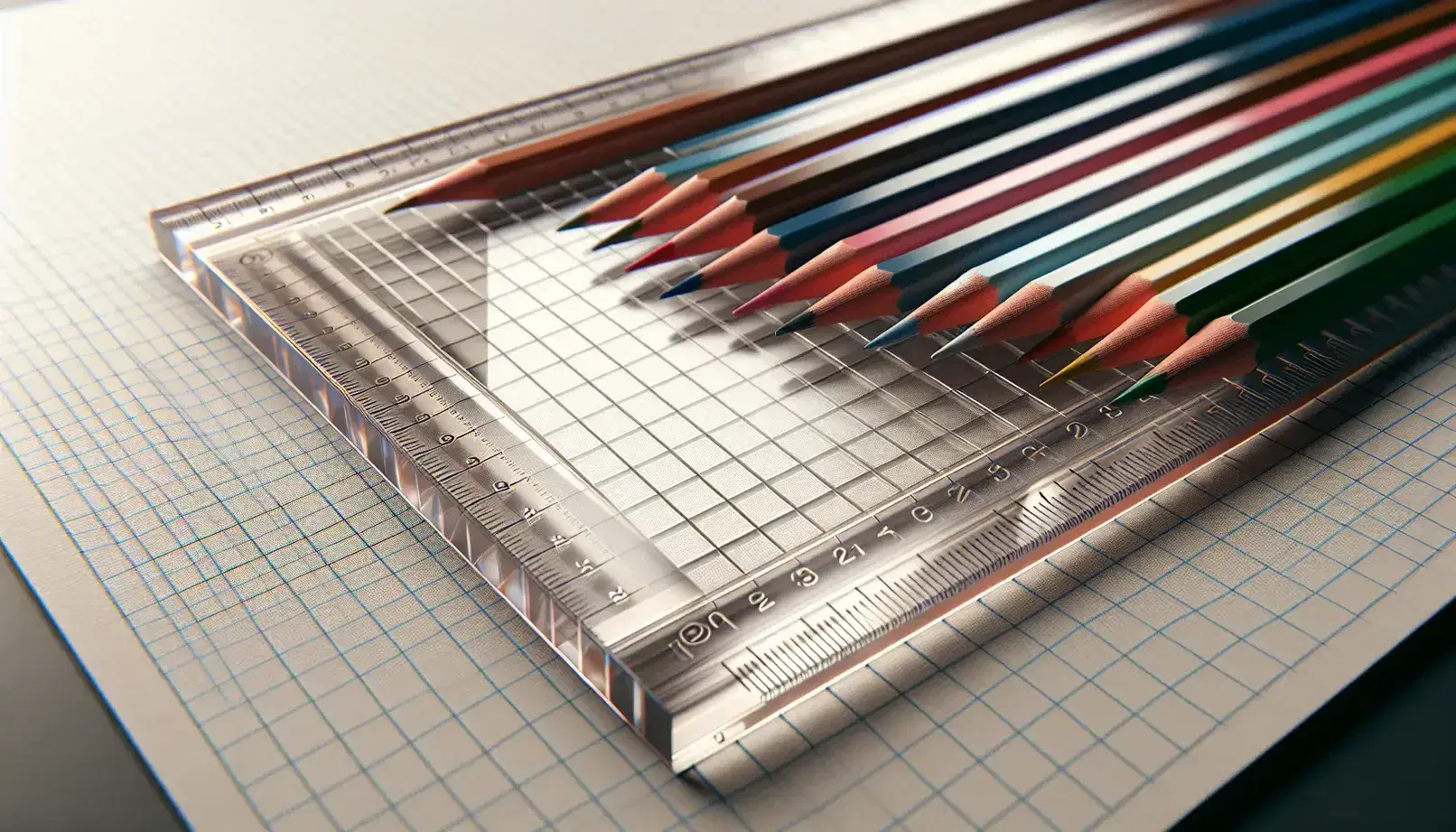 Close-up of a transparent ruler on graph paper with sharpened colored pencils aligned, tips pointing up to the right.