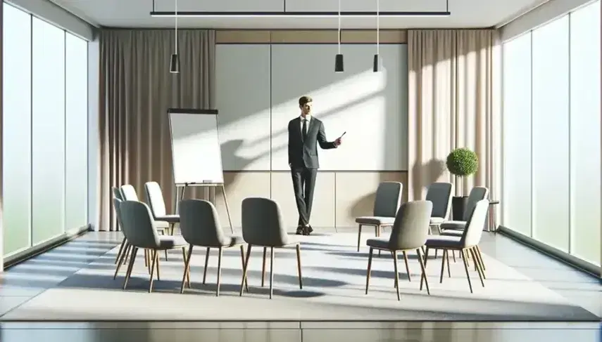 Amministratore professionale indica lavagna bianca in sala riunioni luminosa con sedie in semi-cerchio e pianta verde.