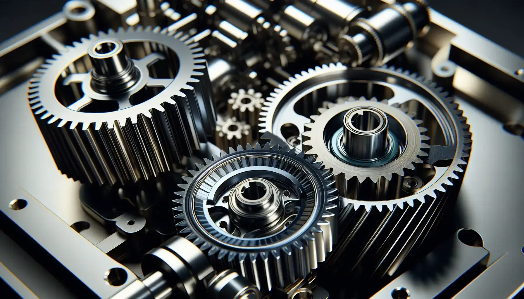 Close-up of interlocking gears in motion, with a large silver gear, a medium gold one, and a small matte gray gear against a blurred mechanical backdrop.