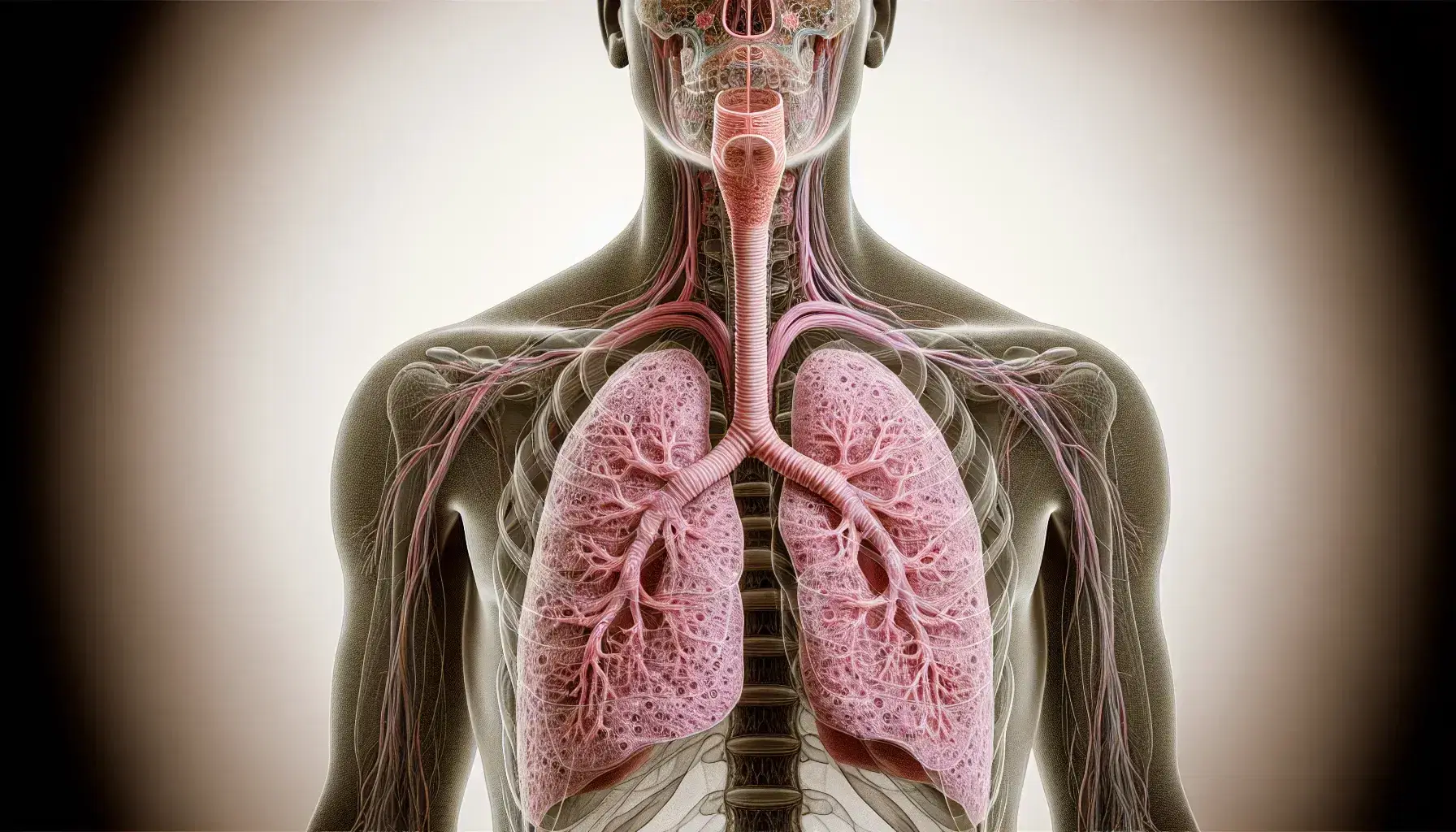 Vista anatómica del sistema respiratorio humano con tráquea, bronquios y pulmones esponjosos en tonos rosados y rojos, sin texto ni símbolos.