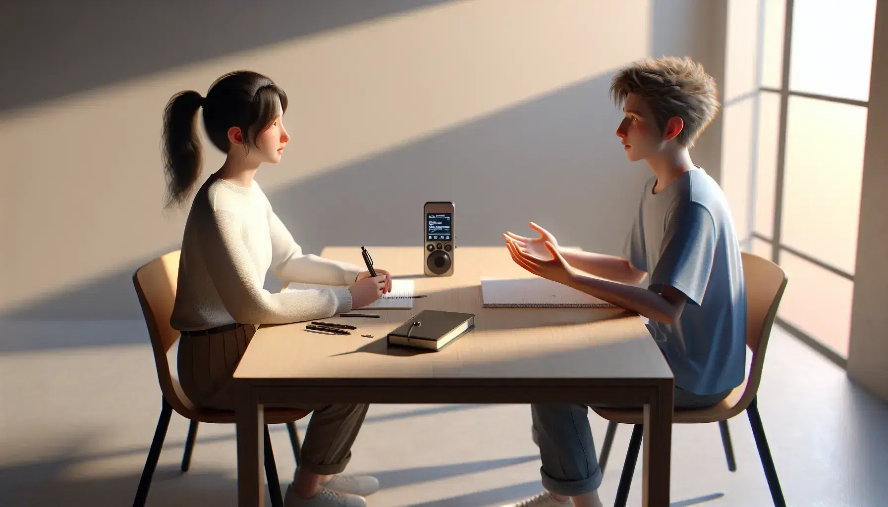Dos personas sentadas frente a frente en una entrevista, una con camisa blanca y la otra con camiseta azul, con una grabadora digital sobre la mesa en un ambiente iluminado y tranquilo.