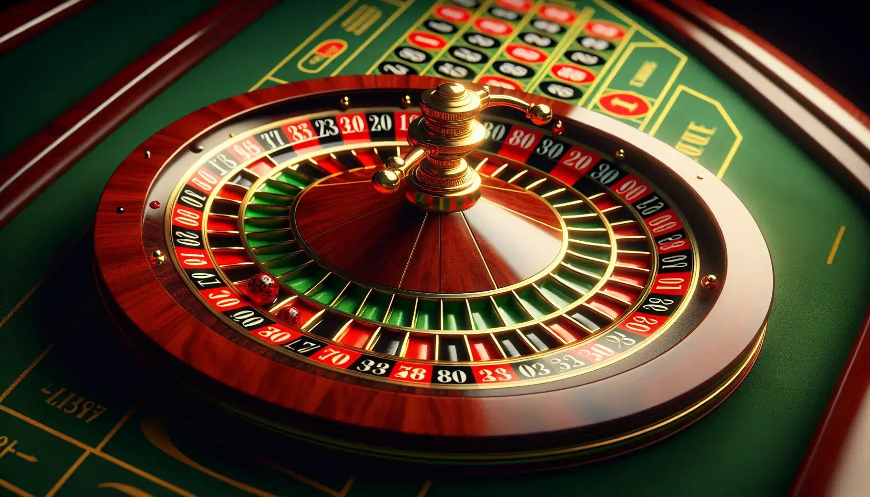 Moving roulette wheel with blurry ball, alternating red and black sectors numbered 1 to 36 and one or two green ones with 0 or 00.