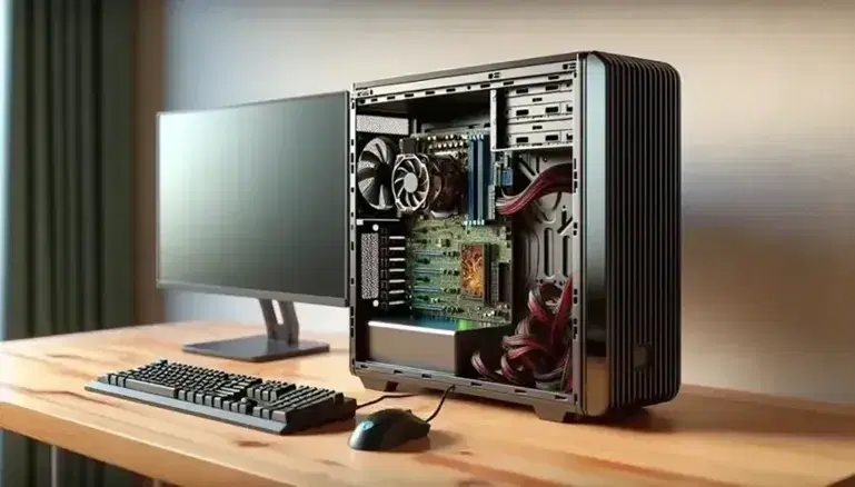 Scrivania in legno chiaro con PC desktop aperto mostrante componenti interni, monitor acceso, tastiera e mouse neri, manuale aperto sullo sfondo.