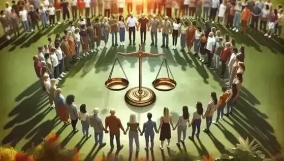 Grupo diverso de personas de pie en círculo sosteniendo manos alrededor de una balanza de dos platillos en equilibrio, en un entorno natural con luz diurna.