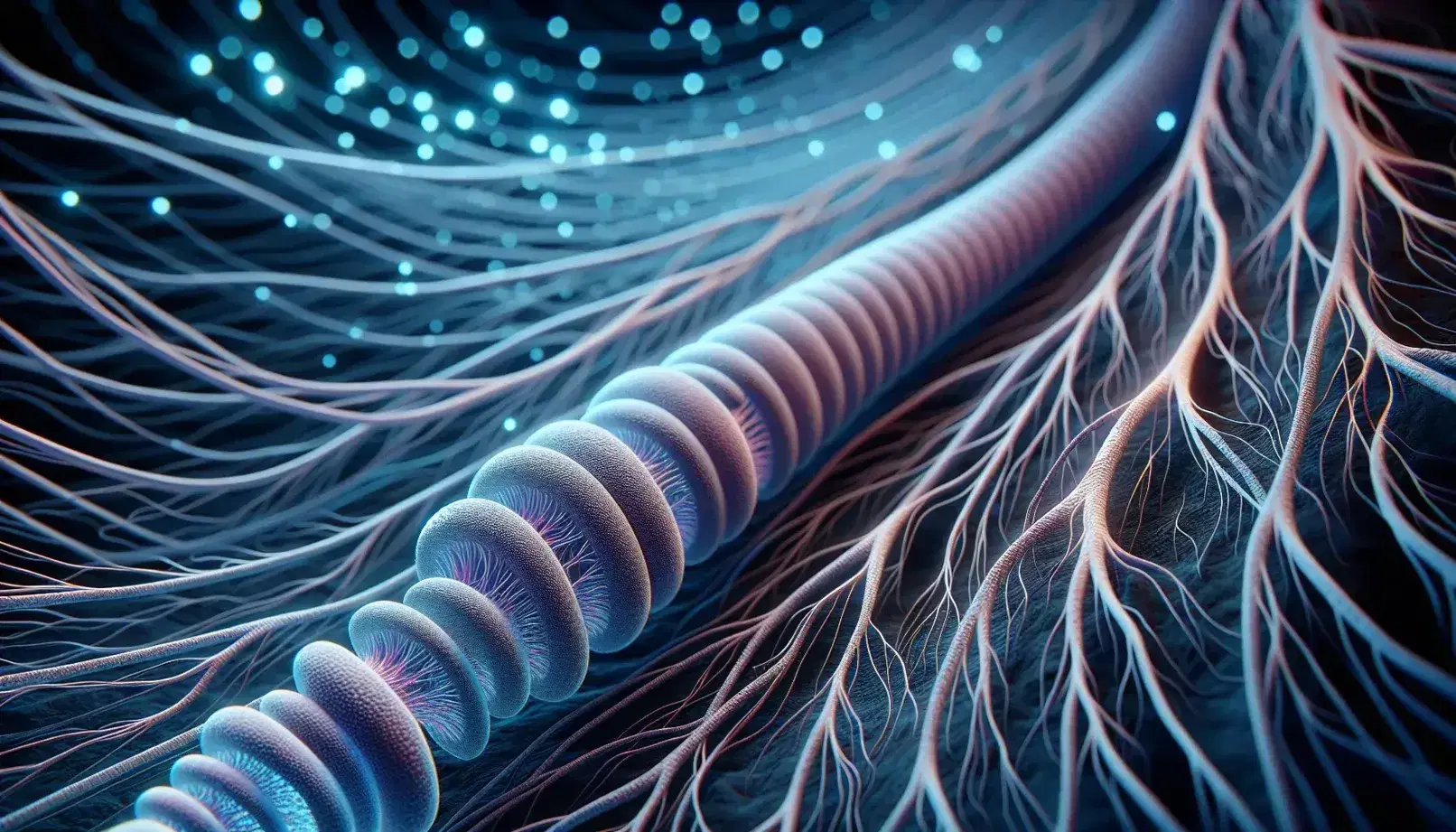 Network of intertwined nerve fibers of the sympathetic nervous system in shades of blue and purple highlighting the three-dimensional structure.