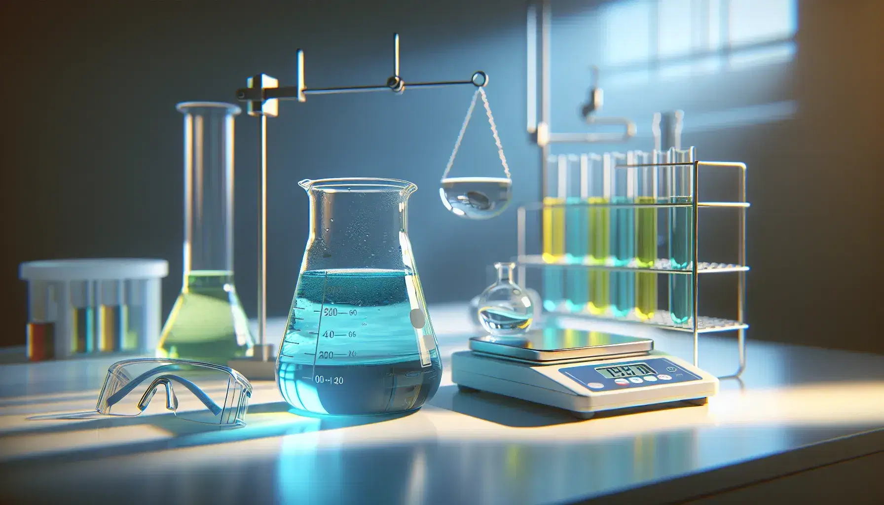 Laboratory with glass beaker containing blue liquid, digital scale with weighing boat, graduated cylinder and safety glasses on bench.
