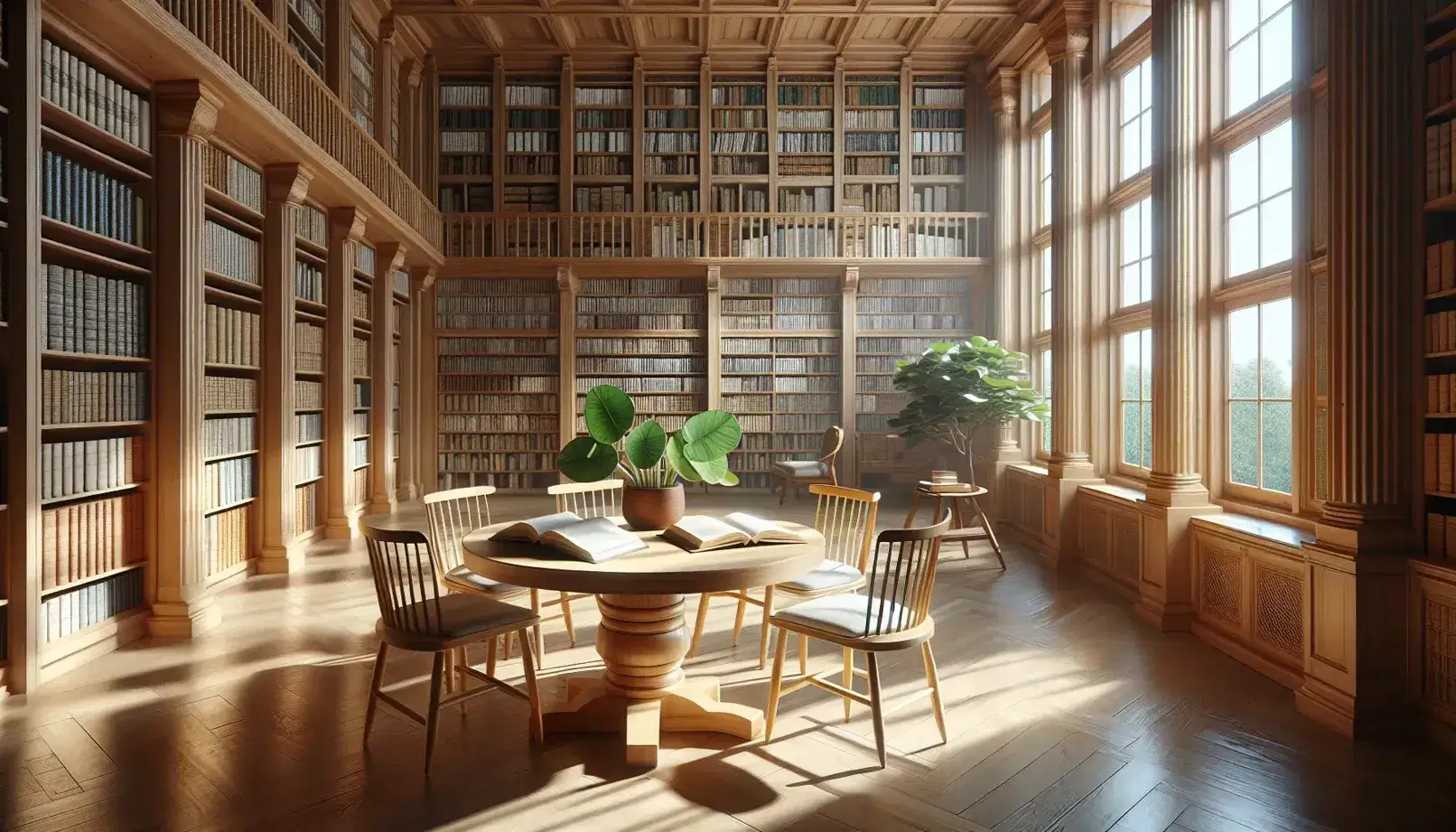 Biblioteca espaciosa y luminosa con estanterías de madera llenas de libros, mesa redonda con libros abiertos y ventana grande que ilumina la sala.
