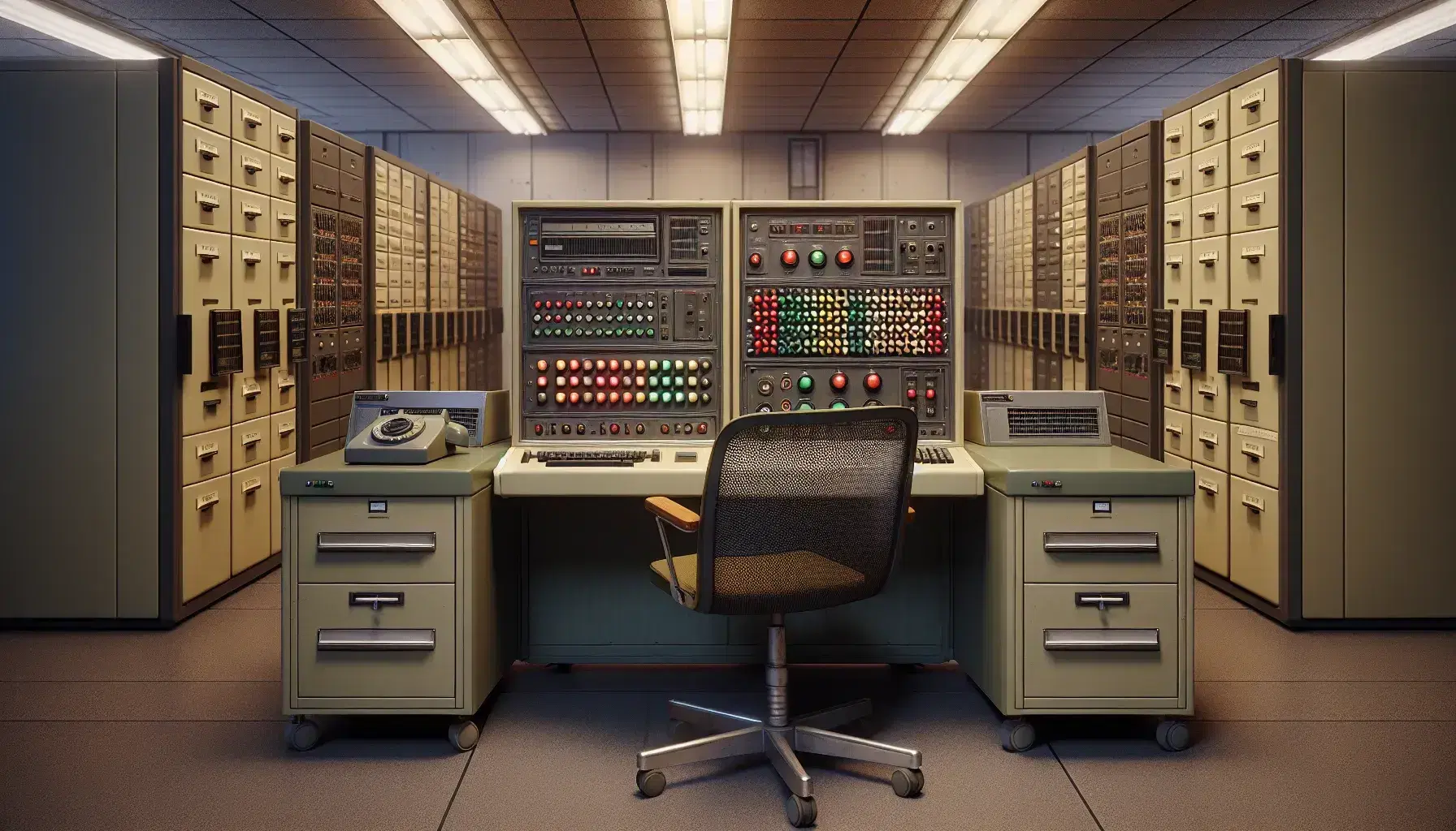 Equipo electrónico vintage en una sala de investigación con computadora antigua de botones circulares y luces indicadoras, armarios de almacenamiento y silla de oficina giratoria.