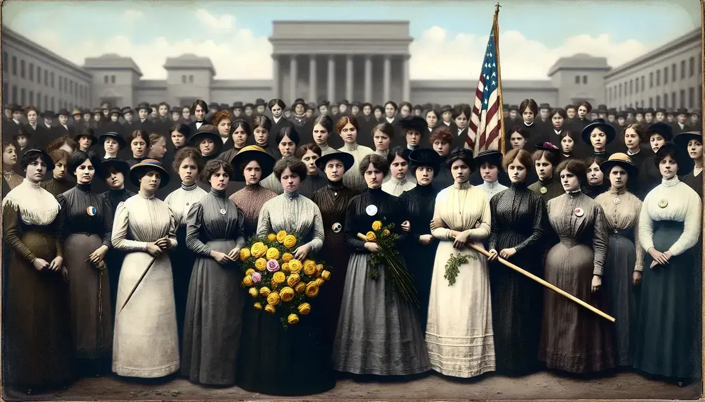 Early 20th-century women in high-neck dresses stand in solidarity, one with a blank button, another holding yellow roses, and one with an American flag.