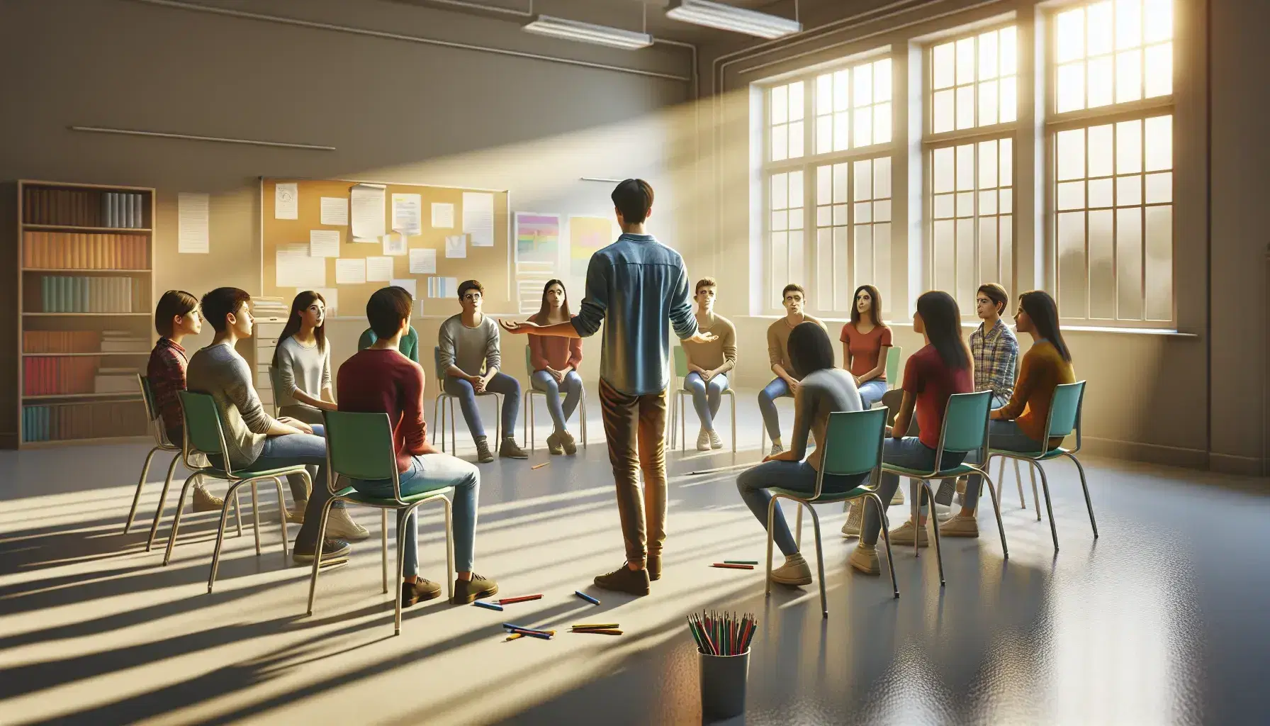 Studenti seduti in cerchio in aula luminosa mentre un compagno in piedi al centro gestisce una discussione, esprimendo interesse e collaborazione.