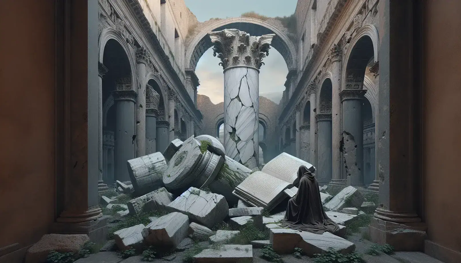 Colonna marmorea spezzata in antica basilica romana con muri erosi, figura monastica che legge e piante tra le rovine al tramonto.