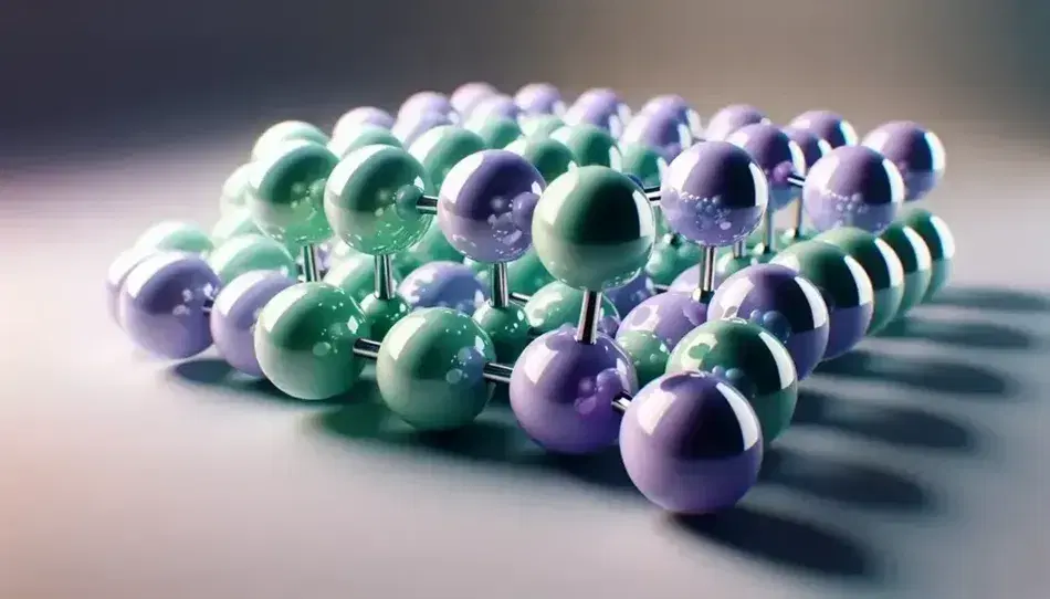 Struttura cristallina di ioni con sfere viola grandi e verdi piccole su piano grigio, riflettendo luce uniforme.