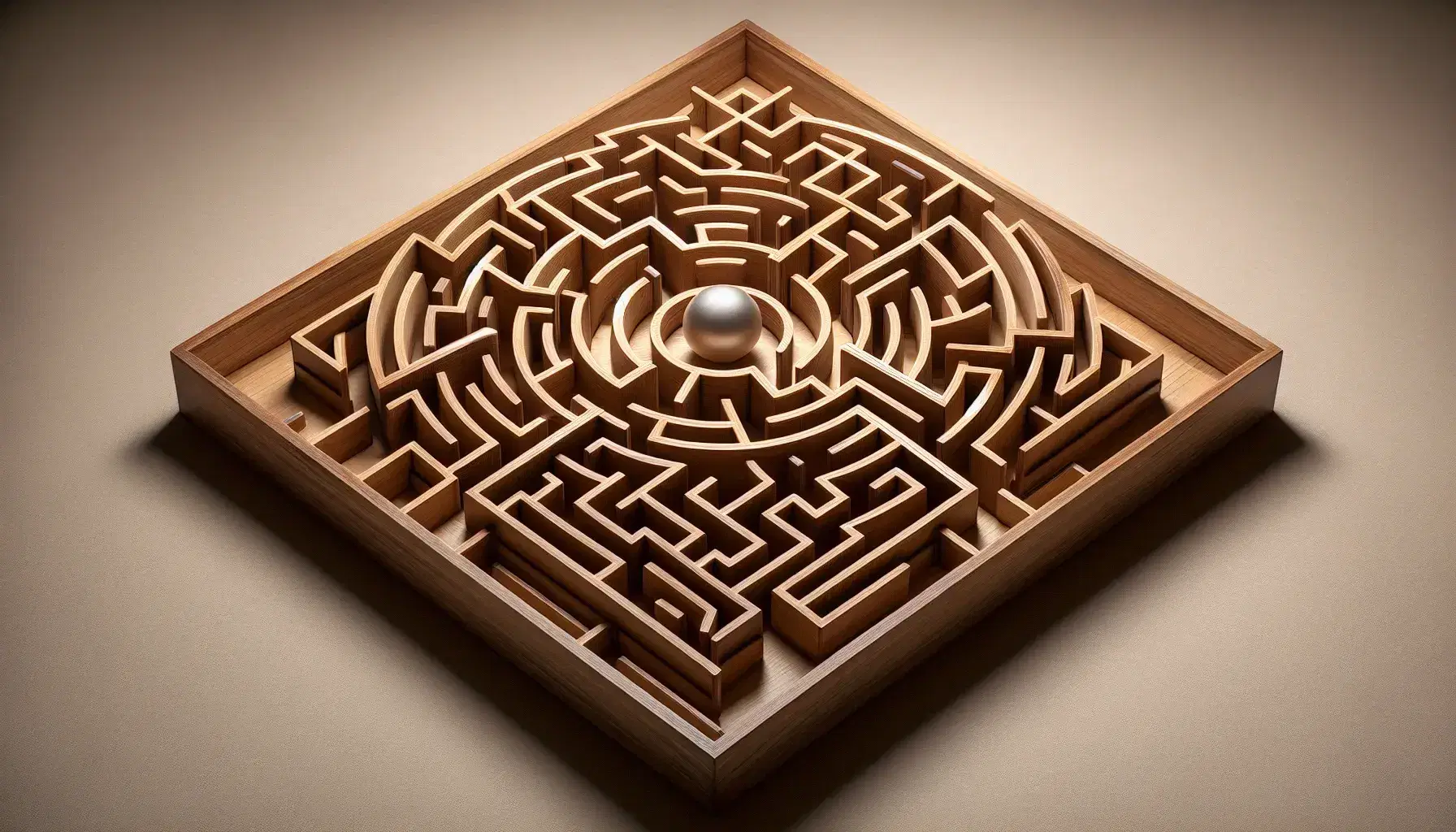 Complex wooden labyrinth with light walls on a dark base and a silver ball in the center, without symbols, soft lighting.