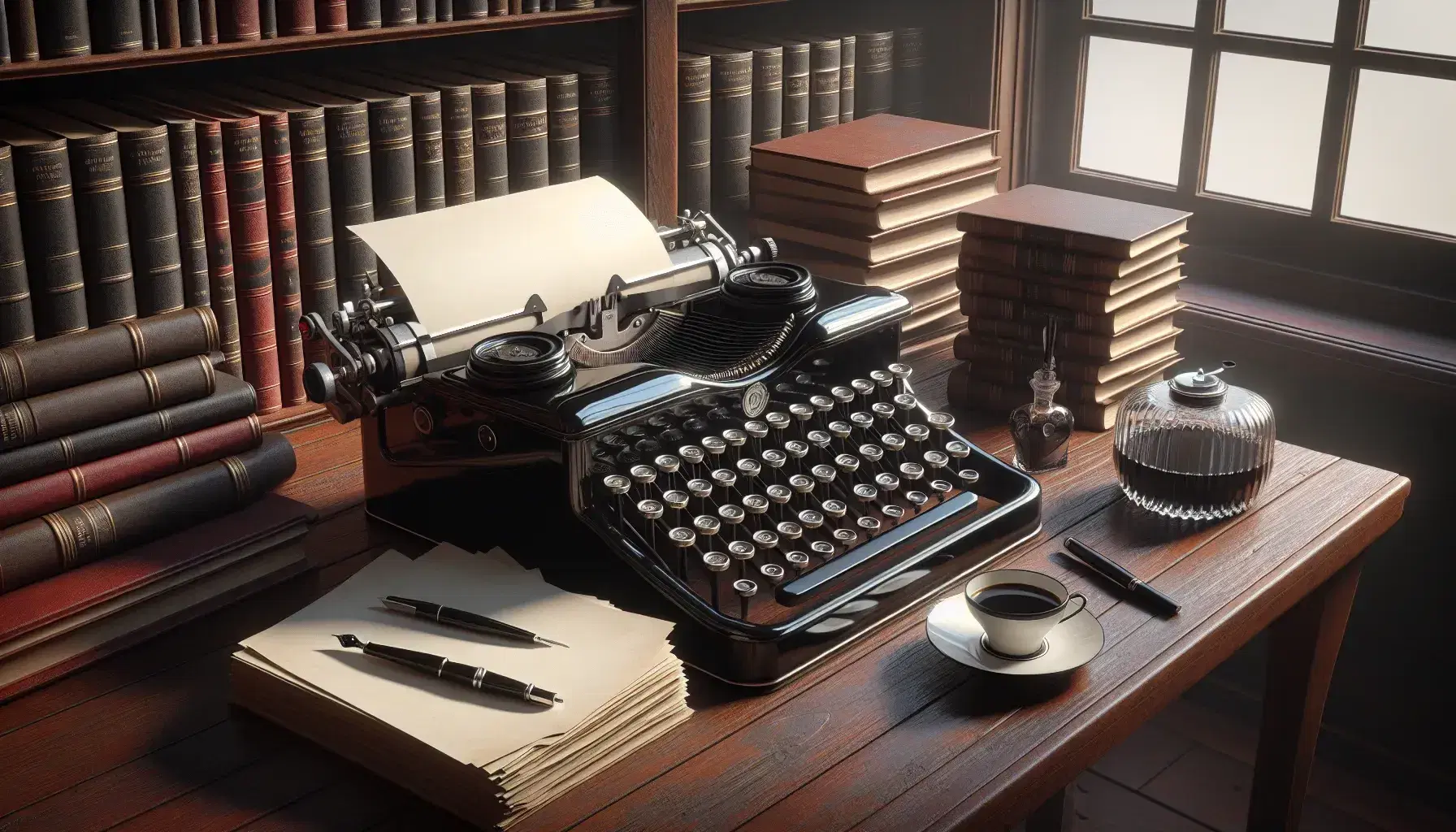 Máquina de escribir antigua con teclas blancas sobre mesa de madera, junto a tintero, pluma y taza de café, con estantería de libros al fondo.