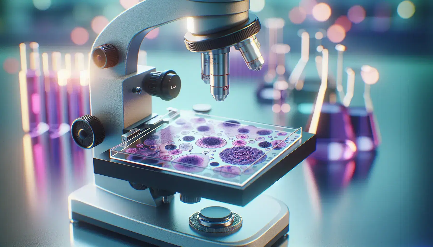Microscopic slide with lymphocyte cells stained in purple and pink on a modern microscope, blurred laboratory background with glassware.