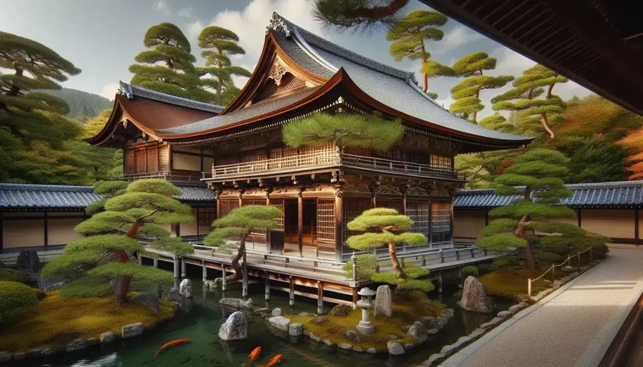 Tempio giapponese antico in legno con tetto in tegole grigie, circondato da giardino zen con stagno e statua di samurai.