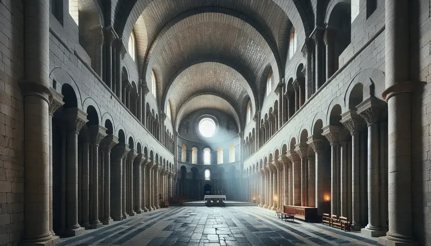 Interno di cattedrale romanica con navata centrale, pilastri quadrati, archi a tutto sesto, volte a crociera e finestre strette che filtrano la luce.