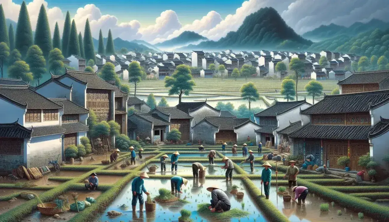 Paesaggio rurale cinese con contadini che lavorano in campi allagati, indossando cappelli conici, con villaggio e montagne nebbiose sullo sfondo.