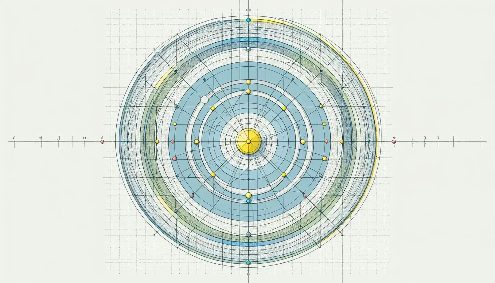 Geometric design with a central blue circle, two tangent yellow and green circles inside, black lines intersecting with red dots, on a light gray grid background.