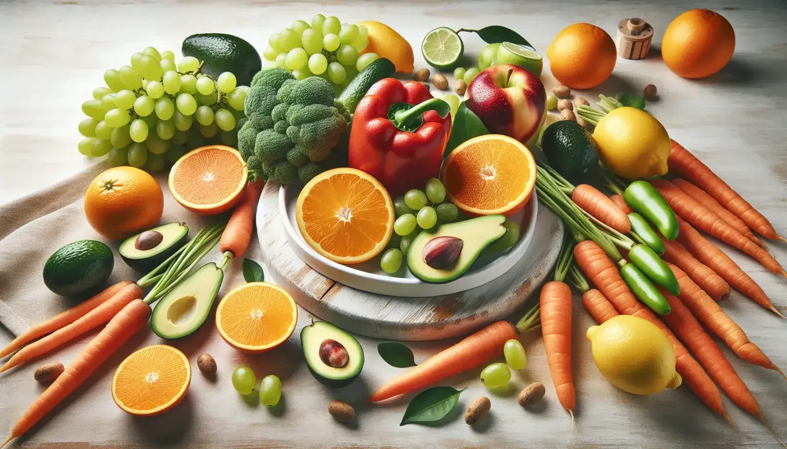 Variedad de frutas y verduras frescas sobre superficie de madera clara, con plato de naranja en el centro, uvas verdes, zanahorias, pimiento rojo, aguacate y limón amarillo.
