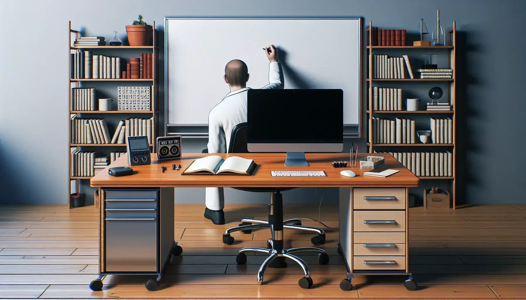 Psychological research laboratory with wooden desk, computer, notebook and voice recorder, person in lab coat and bookcase full of books.