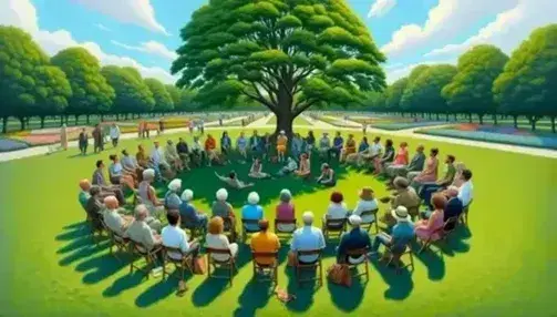 Gruppo multietnico seduto in cerchio in un parco, conversando pacificamente sotto l'ombra di un albero rigoglioso, circondati da prati verdi e fiori colorati.