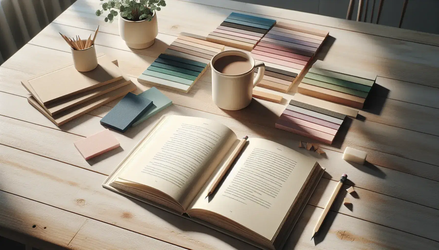 Mesa de madera clara con libro abierto, lápiz, fichas de cartulina pastel, taza blanca con bebida oscura y planta verde en maceta.