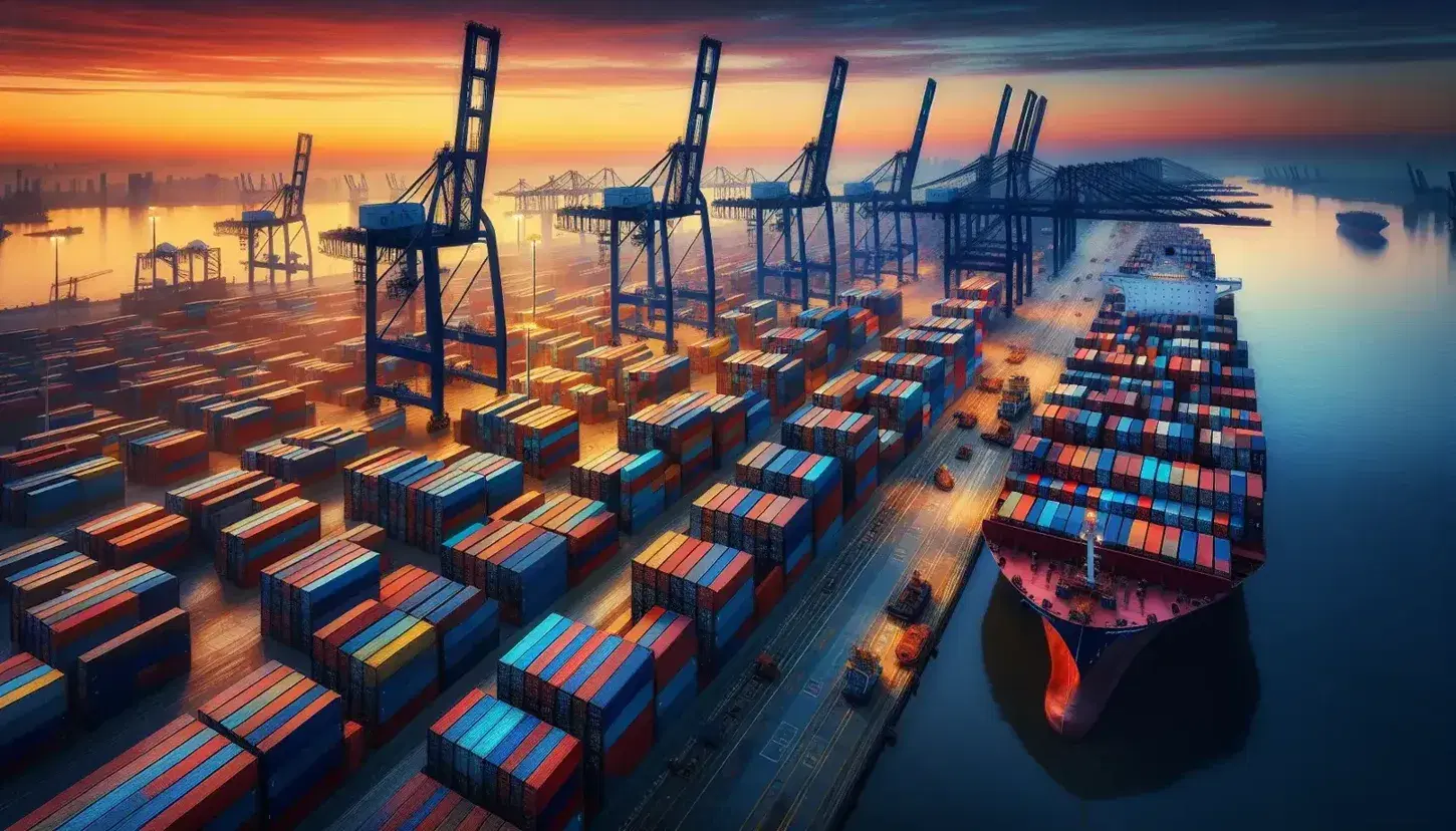 Bustling seaport at dusk with stacked colorful shipping containers, towering cranes, a cargo ship, and a reflective water surface against a sunset sky.
