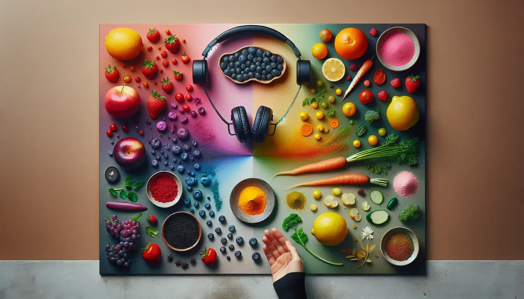 Composizione fotografica colorata che rappresenta i cinque sensi con frutta arcobaleno, cuffie, fiori profumati, spezie variegate e mano sfiora seta.