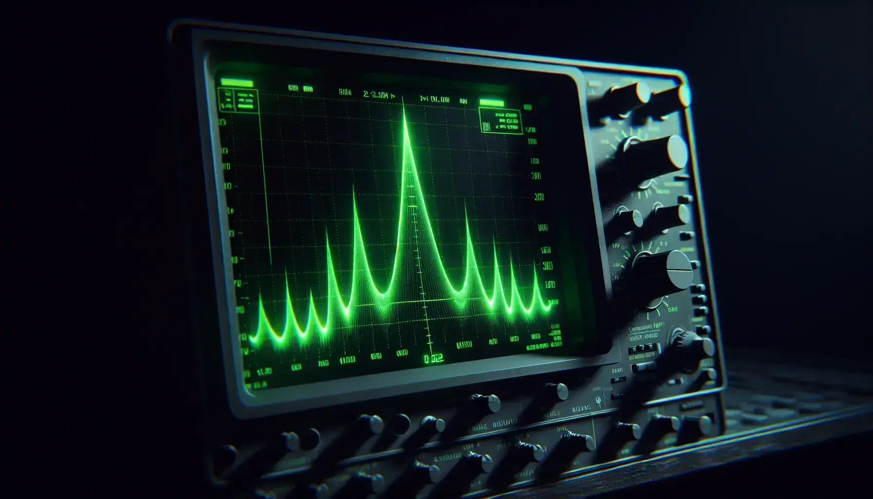 Complex visualization of a sound wave on oscilloscope screen, green light trace on black background, without grid or symbols.