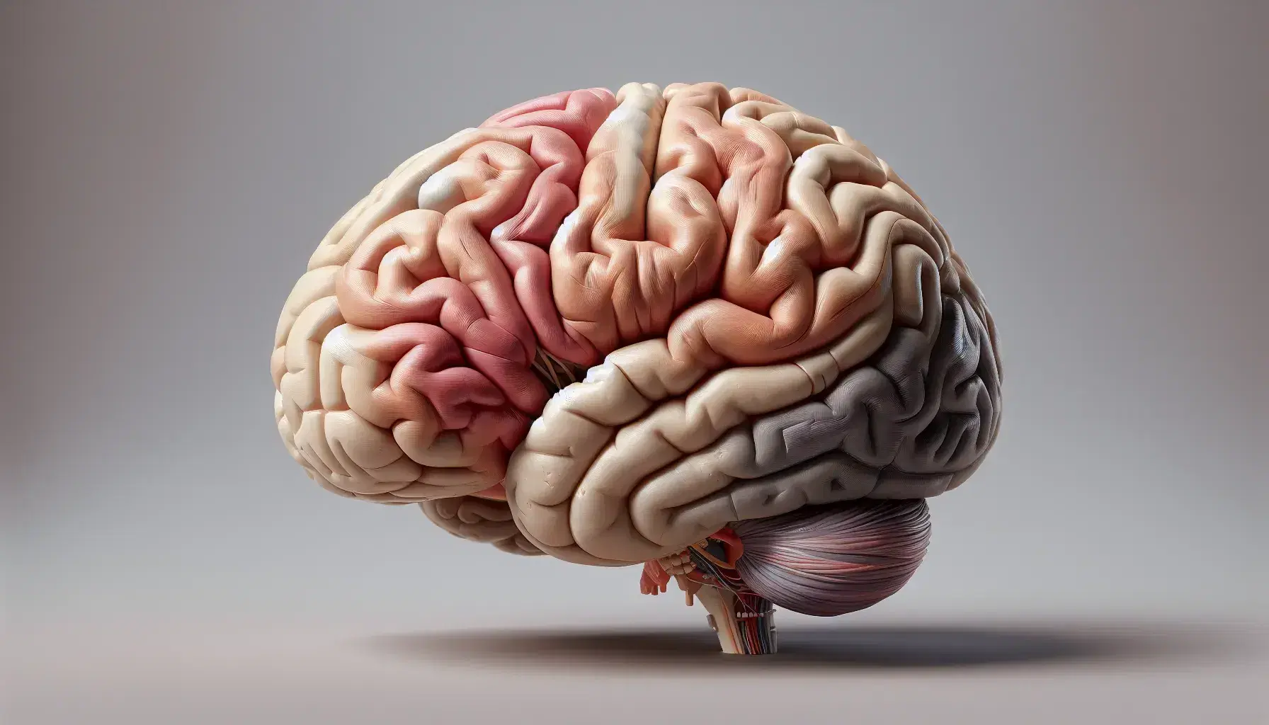 Anatomically accurate model of the human brain, with cerebral cortex, frontal, parietal, occipital, temporal lobes and cerebellum on a neutral background.