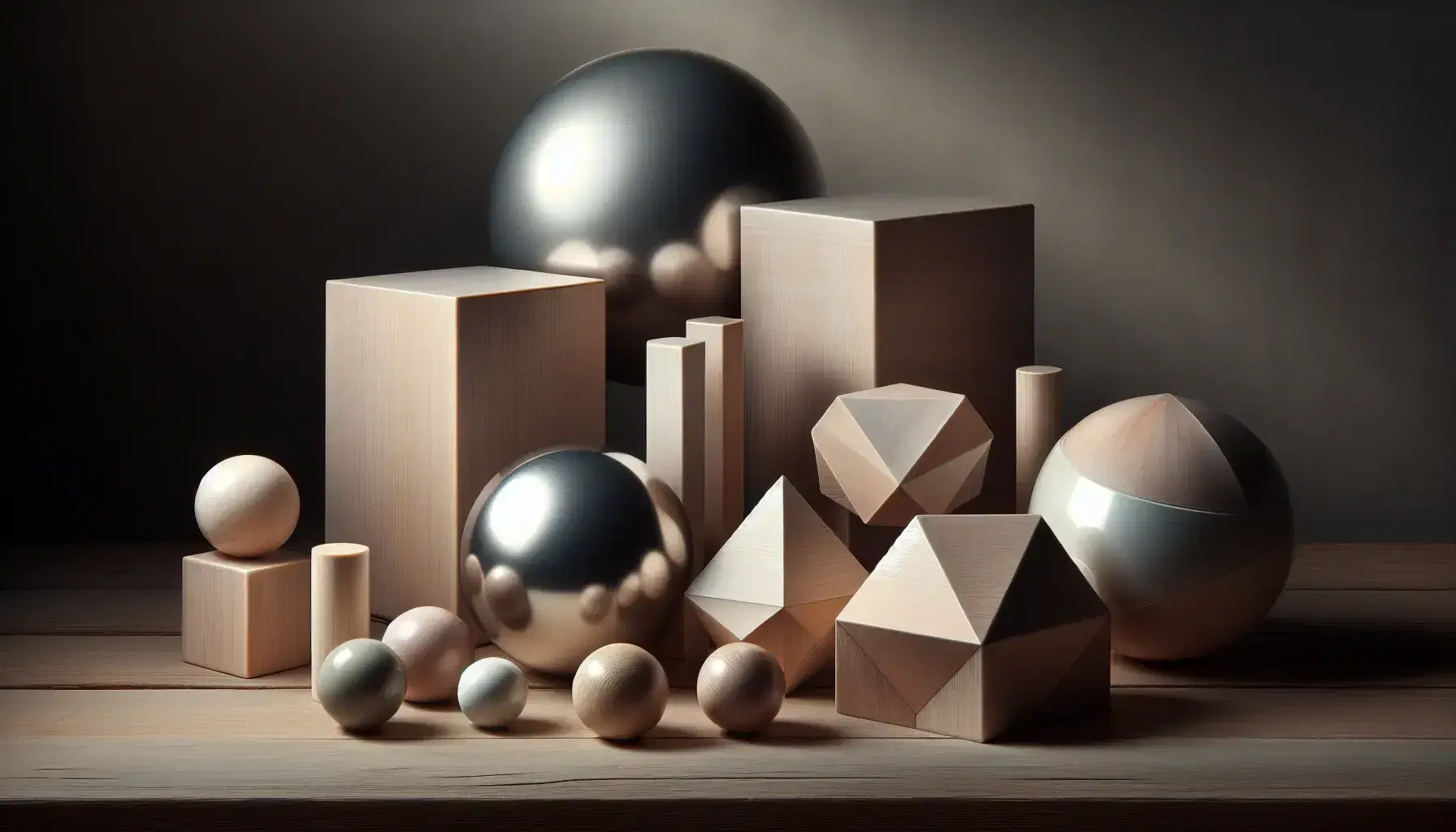 Still life with geometric shapes including a reflective metal sphere, wooden cube, dark tetrahedron, glass cylinder, and cone, alongside terracotta spheres and wooden sticks on a gradient background.