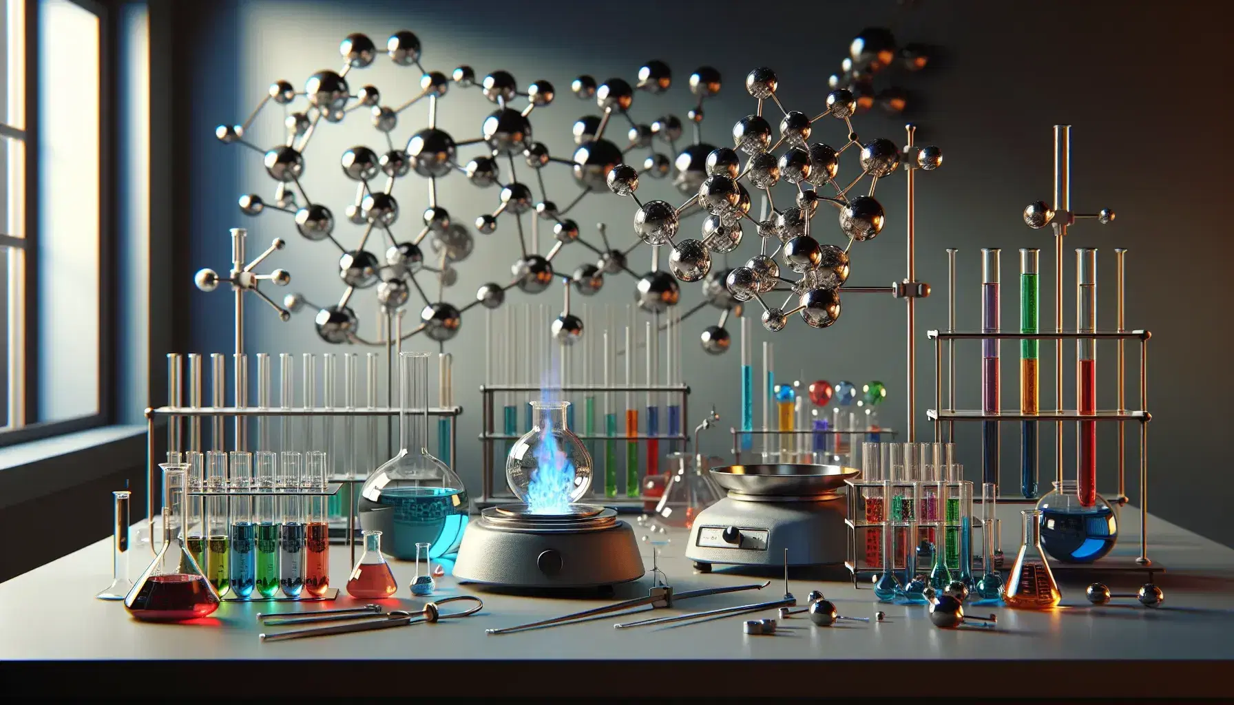 Laboratorio scientifico con cilindri graduati colorati, fiamma di Bunsen, bilancia analitica, provette e modello molecolare.