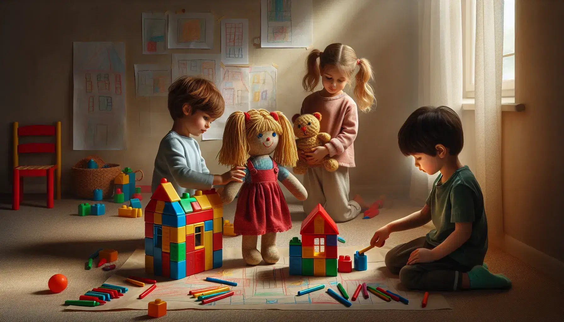 Niños jugando en habitación iluminada con luz natural, uno con muñeca, otro con bloques de construcción y un tercero dibujando.