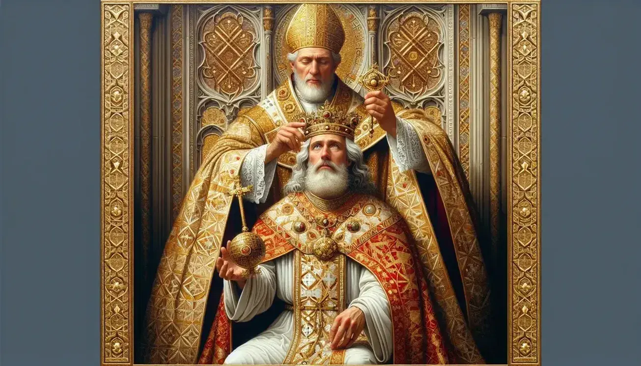 Incoronazione di Carlo Magno da parte di Papa Leone III, con entrambi in abiti cerimoniali davanti a un altare, in un'ambientazione con mosaici.