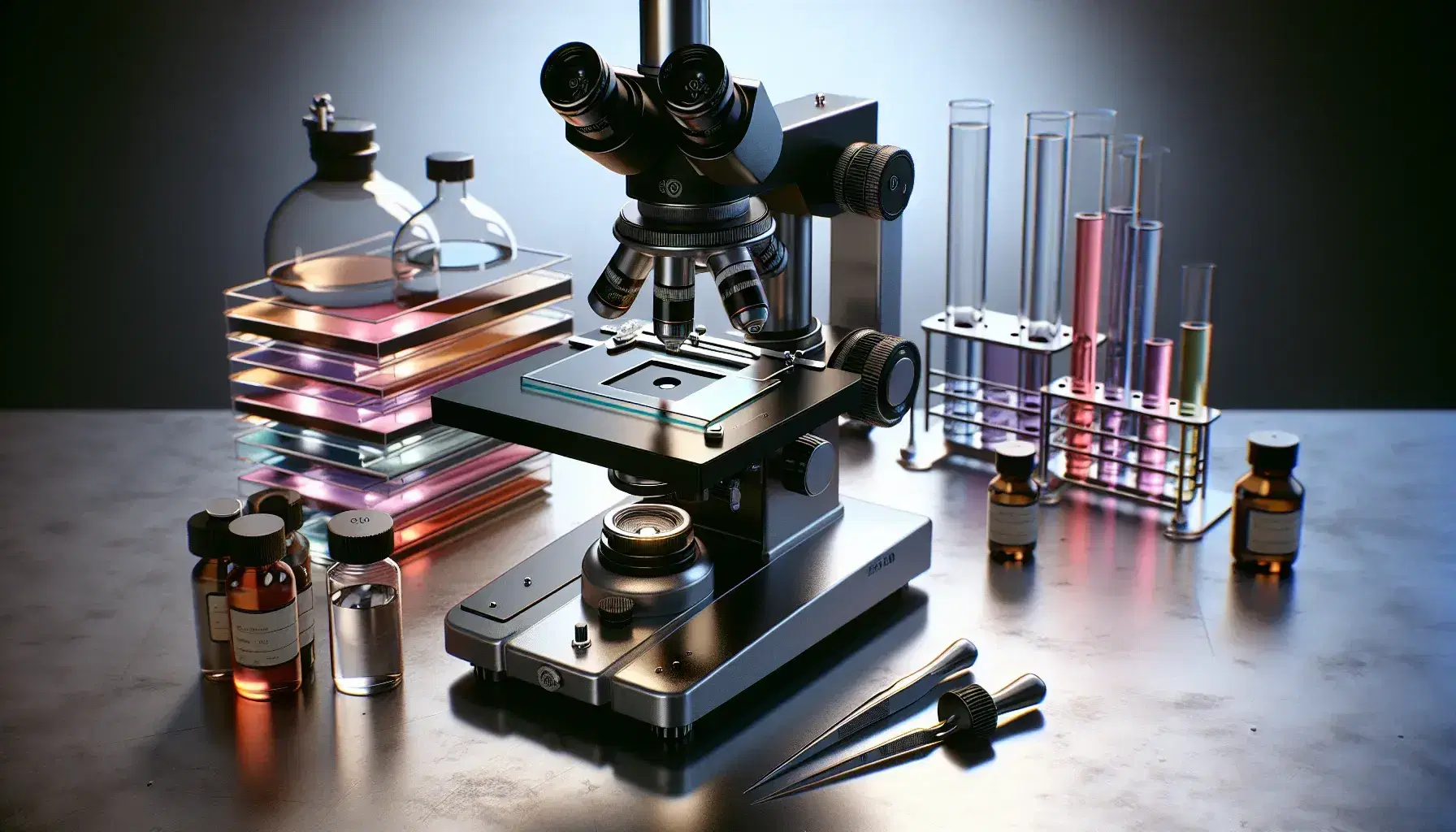 Microscopio ottico nero e argento con tre obiettivi su tavolo da laboratorio, pinzette metalliche, contagocce e flaconi con liquidi colorati.