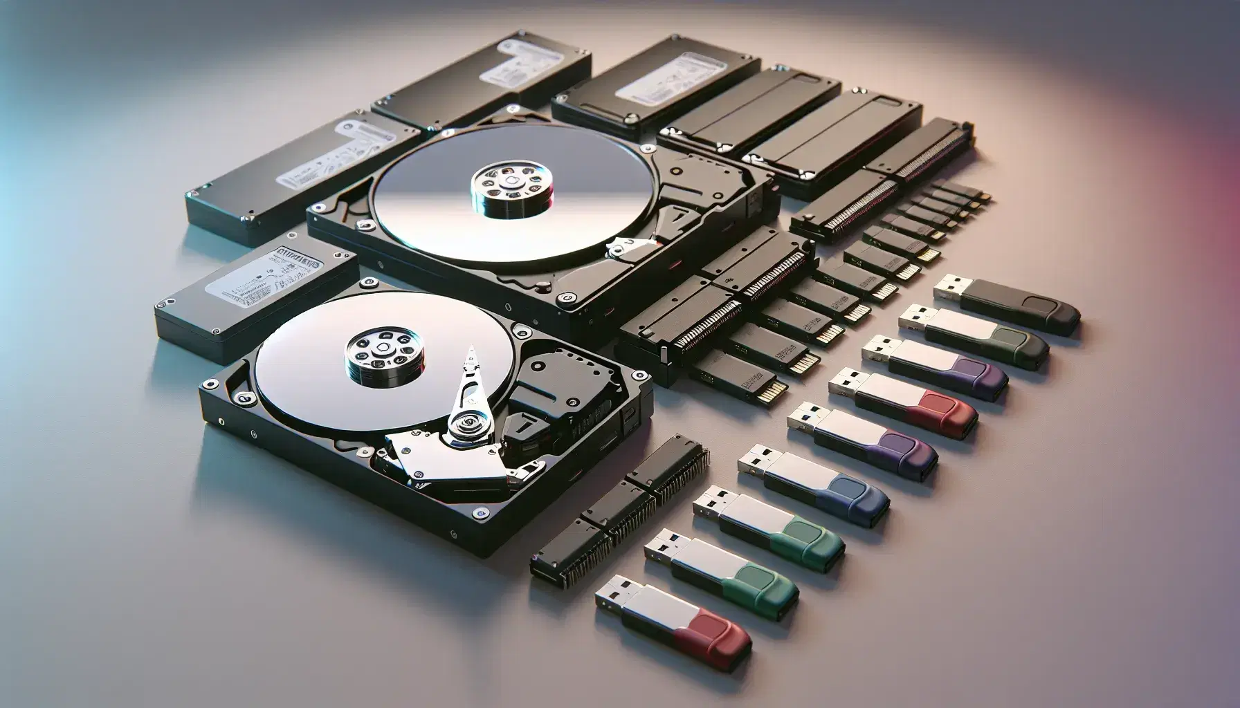 Close-up of data storage devices: HDD with visible platters, black SSD, colorful pen drives and iridescent CD/DVD on light surface.
