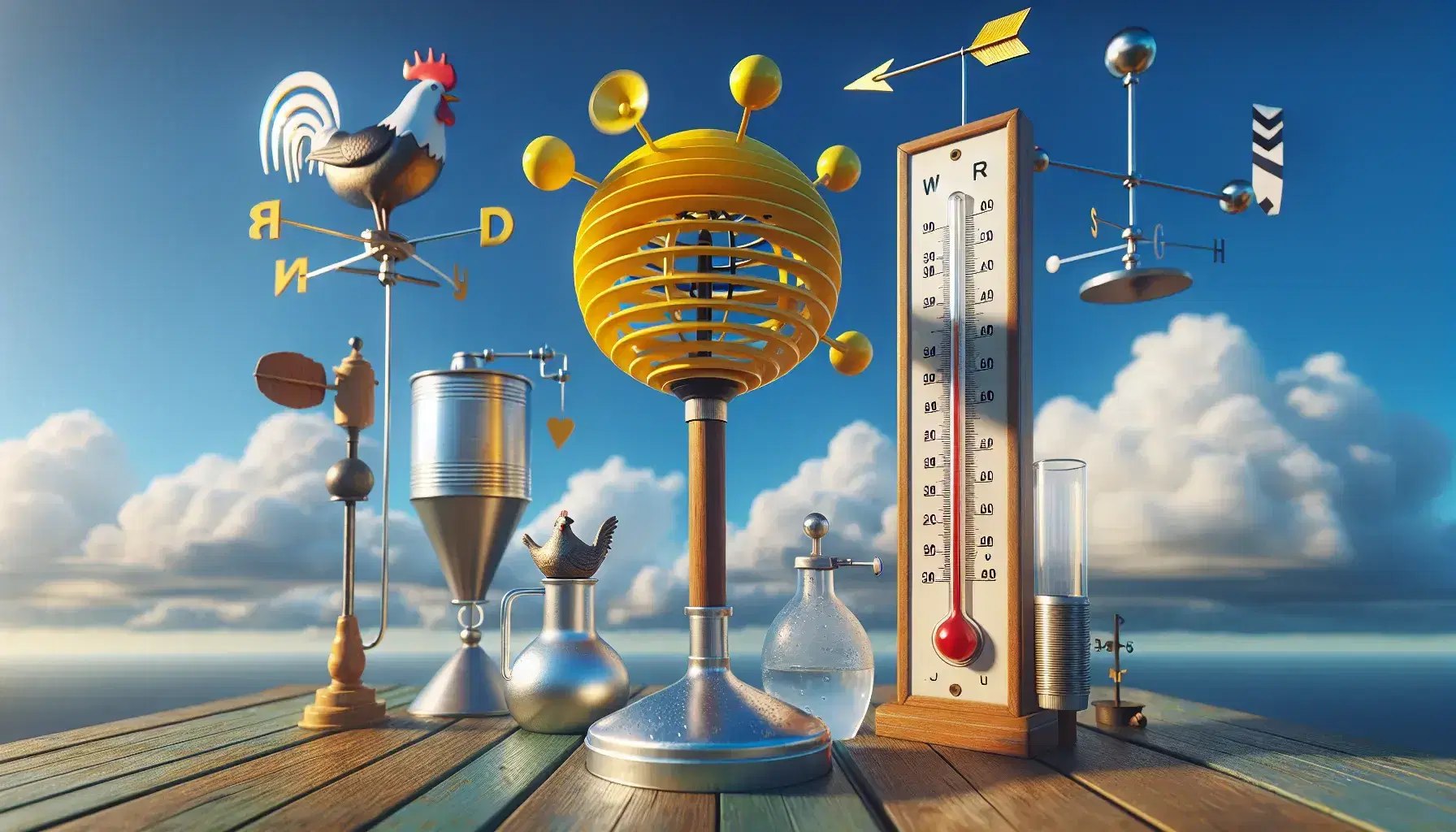 Diverse weather instruments including a spinning yellow anemometer, silver rain gauge, red mercury thermometer, metallic rooster weather vane, and a barometer against a blue sky.