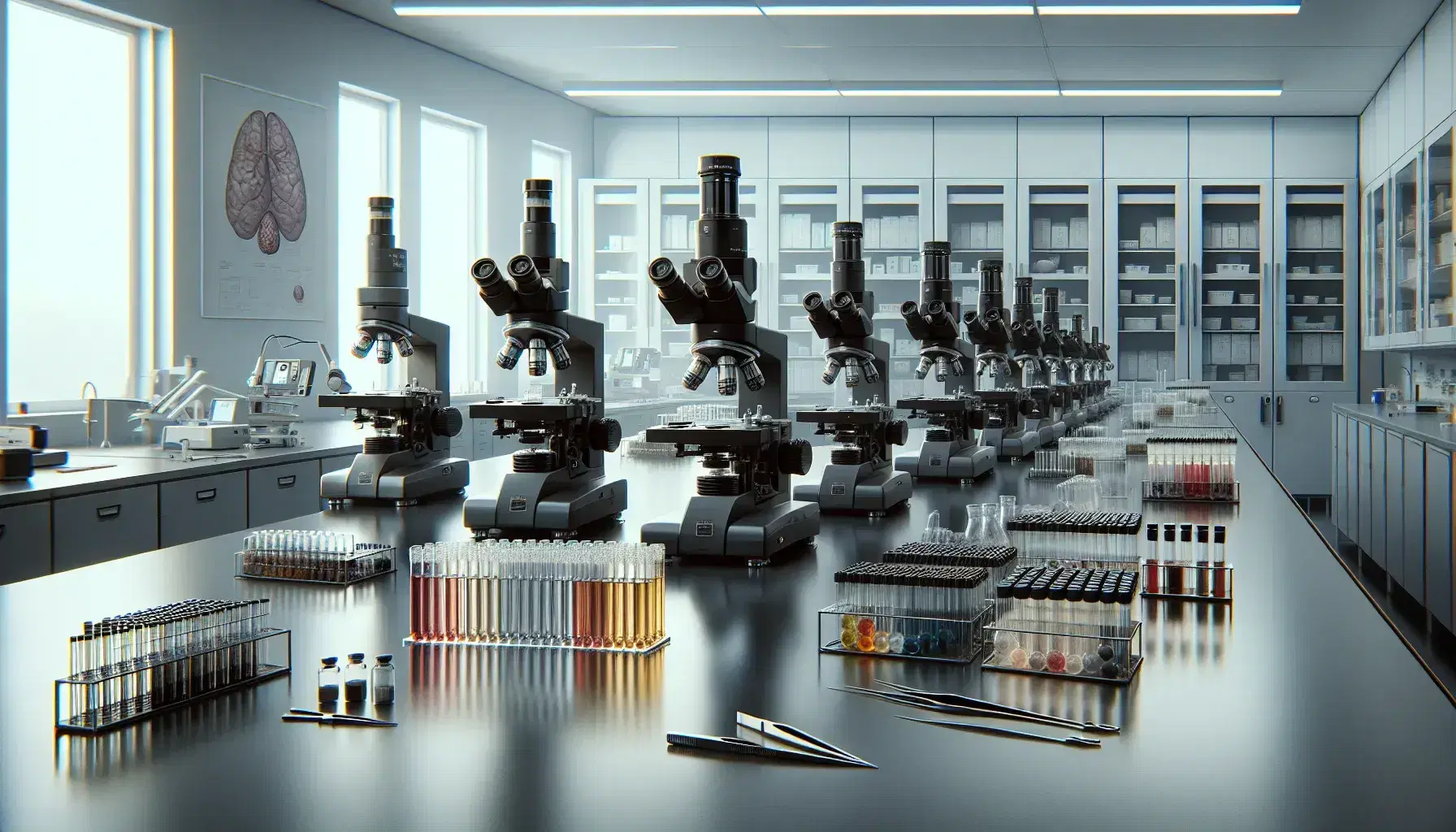 Microscopi elettronici di varie dimensioni su tavolo da laboratorio con provette colorate, pinzette e pipette, in ambiente illuminato e senza persone.