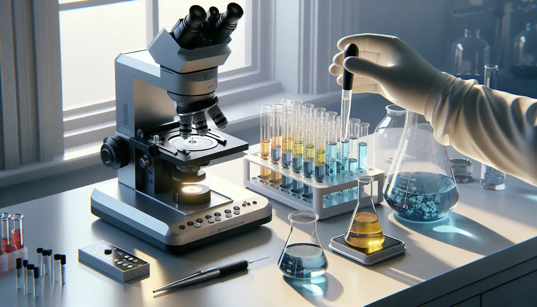 Microscopio elettronico in laboratorio scientifico con provette colorate, agitatore magnetico e pipetta in mano guantata.