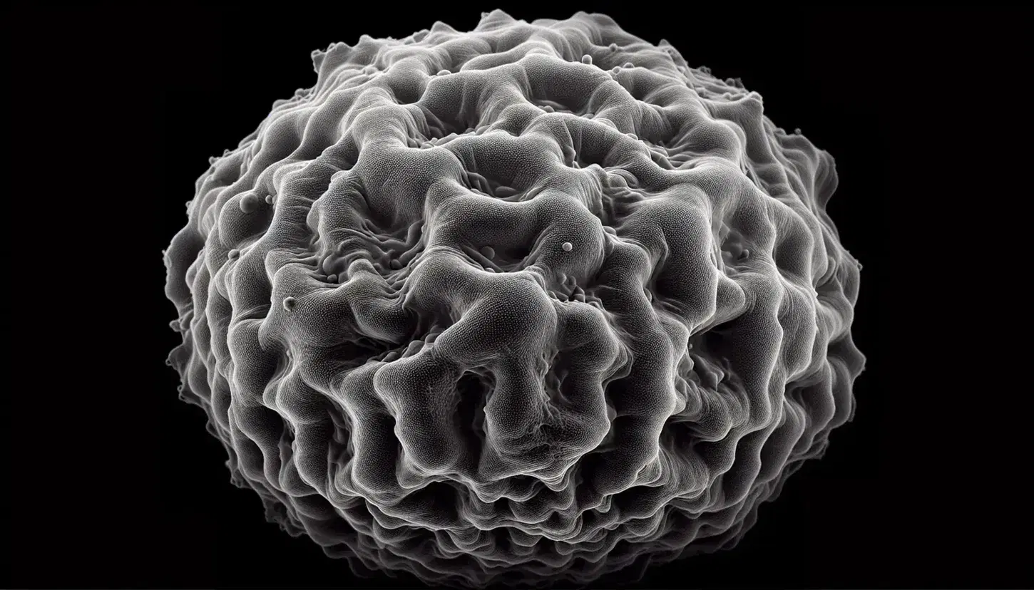 Cellula umana ingrandita al microscopio elettronico con dettagli della membrana plasmatica e strutture simili a villi.