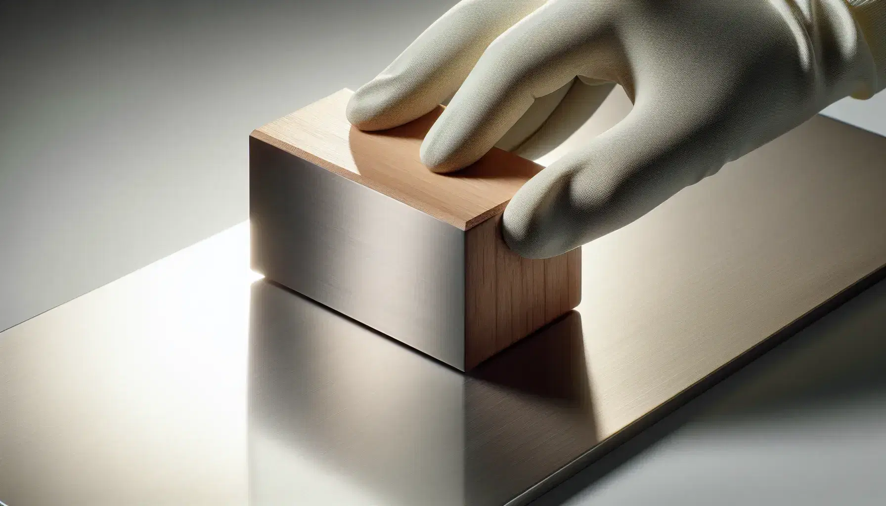 Mano con guante de laboratorio sostiene bloque de madera sobre superficie metálica, reflejando estudio de fricción y texturas.