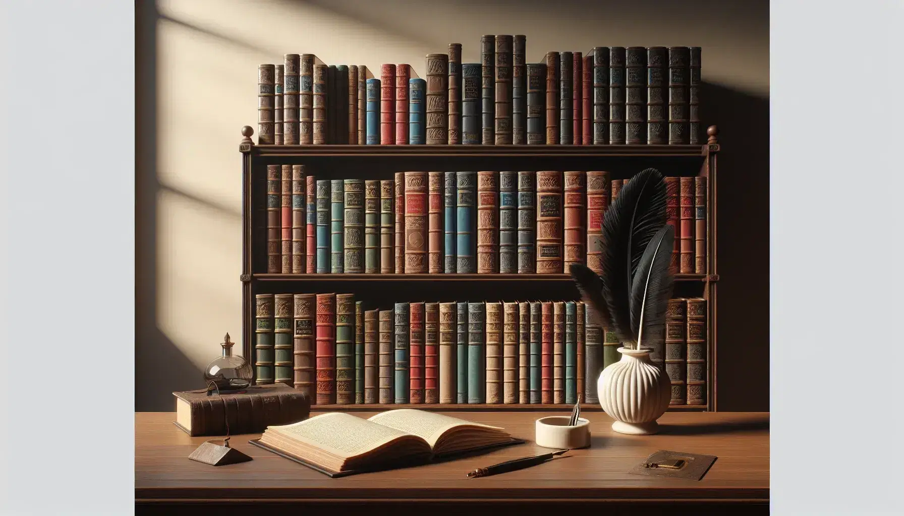 Estantería de madera oscura repleta de libros de colores variados con mesa y libro abierto en primer plano, junto a pluma negra y tintero de porcelana.