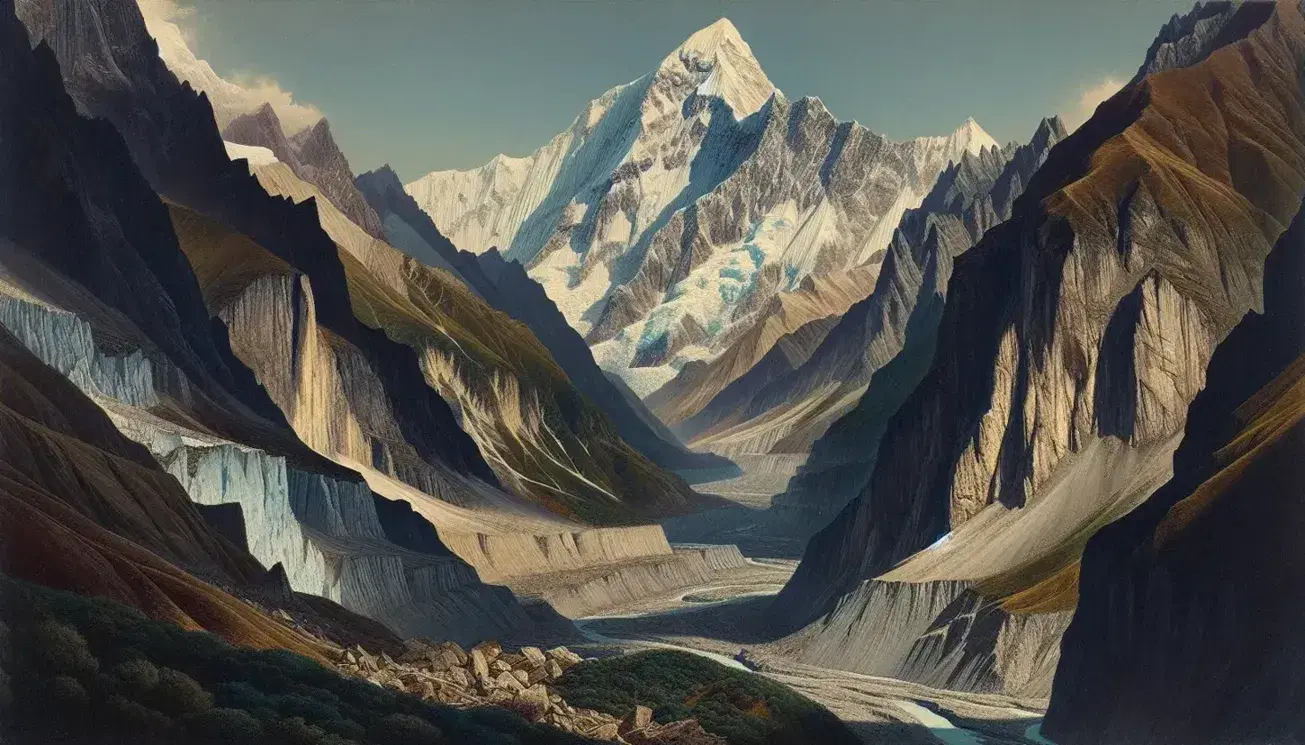 Paesaggio alpino con montagna innevata, valle fluviale a V, valle glaciale a U, lago di origine glaciale e cielo azzurro.
