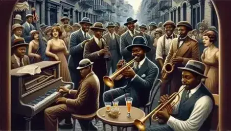1920s Harlem street scene with African American jazz band playing, crowd enjoying music by brownstone buildings, warm sepia tones evoke the era.
