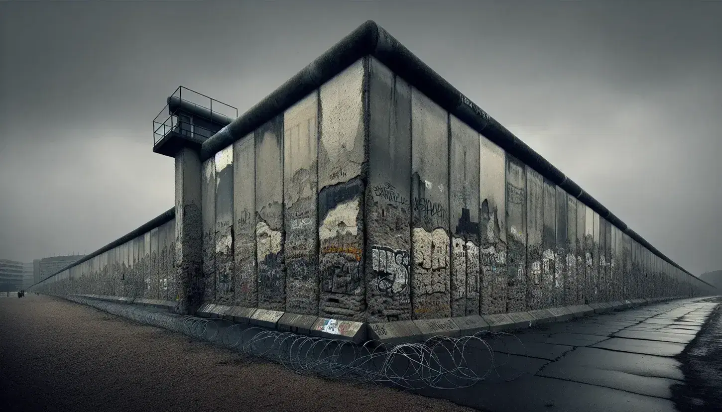 Berlin Wall section under overcast sky with barbed wire in the foreground and a watchtower in the background, conveying a sense of historical division.
